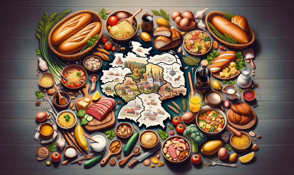 Kulinarna mapa Podlasia z regionalnymi przysmakami, takimi jak babka ziemniaczana z Białegostoku i sękacz z Suwałk.