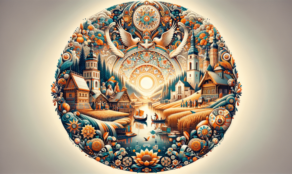 Widok na malownicze tereny Podlasia, z tradycyjnymi chatami w gminie Białowieża, idealny przykład turystyki kulturalnej w regionie.